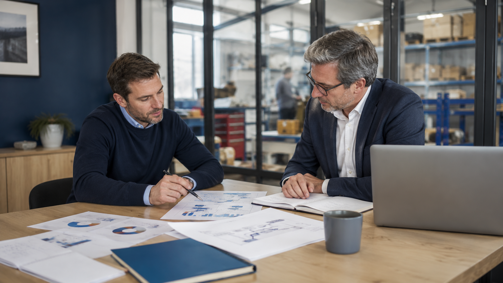 Audit de pilotage PME avec dirigeant et conseiller analysant les priorités, la rentabilité et l’organisation