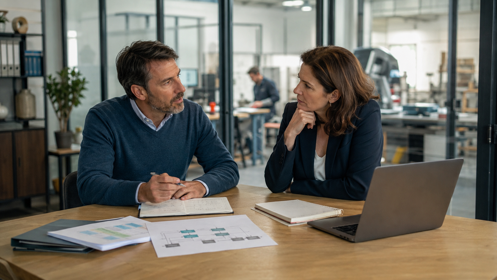 Dirigeant de PME et conseiller travaillant sur le pilotage, la structuration et la rentabilité de l’entreprise