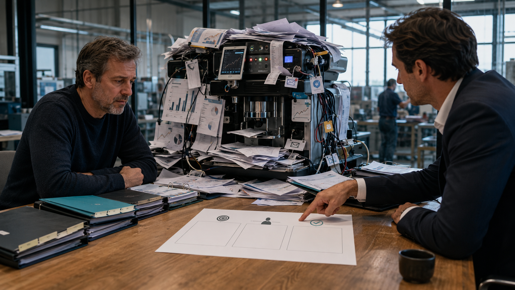 Dirigeant de PME face à un tableau de bord complexe, accompagné pour identifier les usages utiles de l’IA dans le pilotage de l’entreprise.